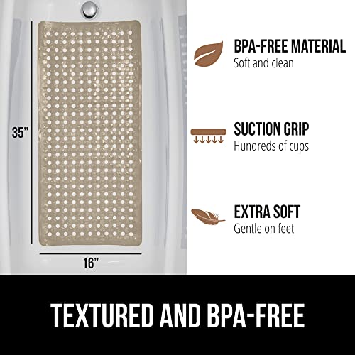 Gorilla Grip Patented Bath Tub and Shower Mat, 35x16, Machine Washable, Extra Large Bathtub Mats with Drain Holes and Suction Cups to Keep Floor Clean, Soft on Feet, Bathroom Accessories, Beige Opaque