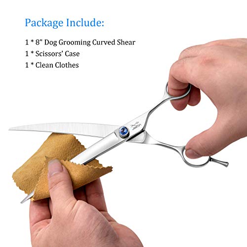 JASON 8" Curved Dog Grooming Scissors Ergonomic Pets Cats Trimming Shears with Offset Handle and a Jewelled Screw for Right Handed Groomers Long Sharp Comfortable Light-Weight