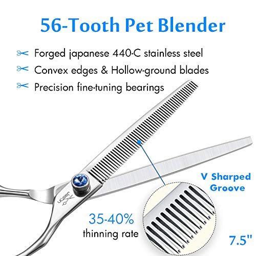 JASON 7.5" 56-Tooth Blending Dogs Grooming Scissors Cats Thinning Shears Pets Blender Thinner Trimming Texturizing Kit with Offset Handle Blue Jewelled Screw