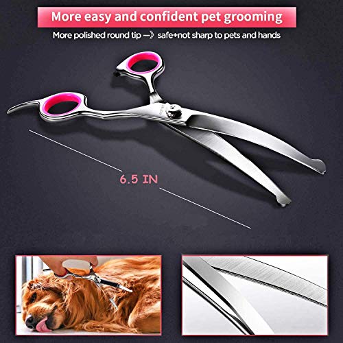 H-Jia Dog Grooming Scissors Set, Safety Round Blunt Tip Pet Grooming Kit-Straight, Curved, Thinning Shears with Comb Grooming Glove, Sharp Durable Grooming Tools for Large Small Dogs and Cats (7PCS)