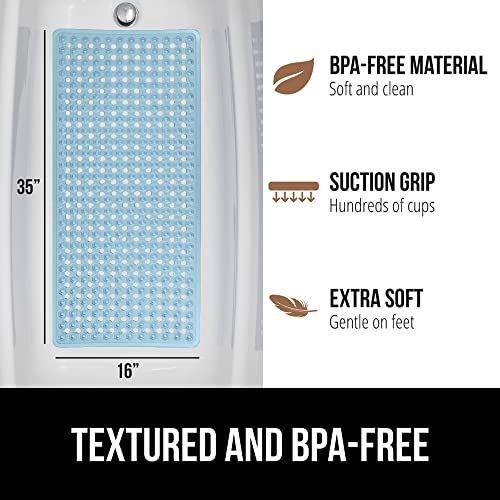 Gorilla Grip Patented Bath Tub and Shower Mat, 35x16, Machine Washable, Extra Large Bathtub Mats with Drain Holes and Suction Cups to Keep Floor Clean, Soft on Feet, Bathroom Accessories, Blue