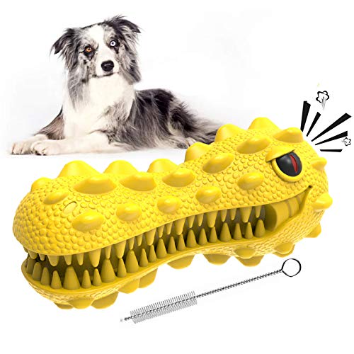 Gelar Dog Chew Toys, Indestructible Dog Toys for Aggressive Chewers, Tough Teeth Cleaning Toothbrush Toy, Interactive Dog Squeak Toy for Boredom, Dinosaur, Milk Flavor