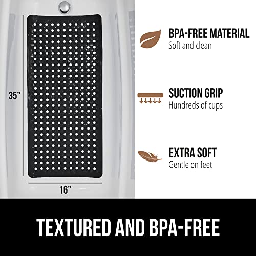 Gorilla Grip Patented Bath Tub and Shower Mat, 35x16, Machine Washable, Extra Large Bathtub Mats with Drain Holes and Suction Cups to Keep Floor Clean, Soft on Feet, Bathroom Accessories, Black Opaque