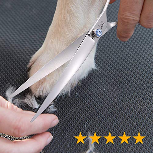 JASON 8" Curved Dog Grooming Scissors Ergonomic Pets Cats Trimming Shears with Offset Handle and a Jewelled Screw for Right Handed Groomers Long Sharp Comfortable Light-Weight