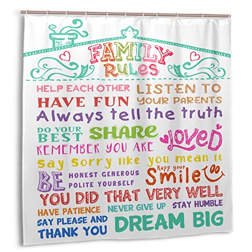 Family Rules Educational Shower Curtain with 12 Hooks, Child Motivational and Inspirational Quotes Waterproof Shower Curtain for Bathroom Decor