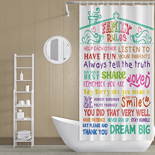 Family Rules Educational Shower Curtain with 12 Hooks, Child Motivational and Inspirational Quotes Waterproof Shower Curtain for Bathroom Decor