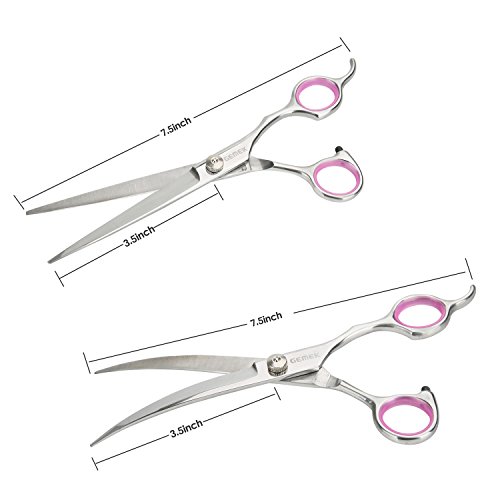 GEMEK Pet Cat Dog Grooming Scissors Set 4 Pieces Stainless Steel Professional Pet Trimmer Kit - 7.5 inch Straight Cutting Scissors, Thinning Shears, Curved Scissors, Grooming Combs