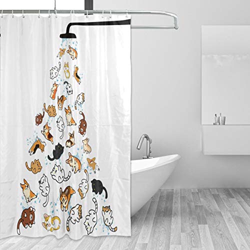 DZGlobal Raining Cats and Dogs Shower Curtain for Kids Cartoon Corgi Animal Shower Curtains for Bathroom Accessories 3D Printing Hilarious Pets Playing Water Design Bath Decor 72x72 with 12 Hooks
