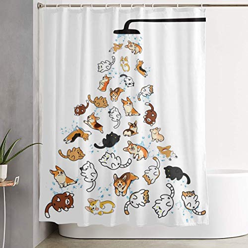 DZGlobal Raining Cats and Dogs Shower Curtain for Kids Cartoon Corgi Animal Shower Curtains for Bathroom Accessories 3D Printing Hilarious Pets Playing Water Design Bath Decor 72x72 with 12 Hooks