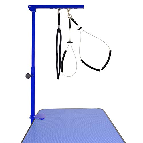 Downtown Pet Supply - Portable Dog Grooming Arm with Loop & Clamp for Pet Grooming Table - Dog Grooming Supplies 27in Foldable Blue Steel Arm with S/M (19 or 21in) No Sit Haunch Holder