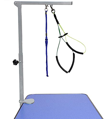 Downtown Pet Supply - Portable Dog Grooming Arm with Loop & Clamp for Pet Grooming Table - Dog Grooming Supplies 27in Foldable Silver Steel Arm with 2 No Sit Haunch Holders Size S/M (19 or 21in)