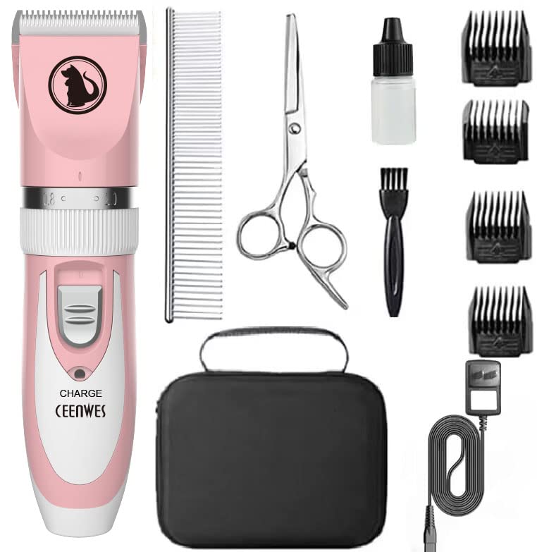 Ceenwes Dog Clippers Low Noise Cat Clippers Rechargeable Dog Trimmer Cordless Pet Grooming Tool Professional Dog Hair Trimmer with Comb Guides Scissors Nail Kits for Dogs Cats & Other(Pink)