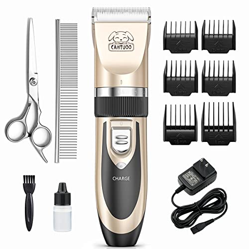 CAHTUOO Dog Grooming Clippers, Professional Pet Grooming Kit Rechargeable Pet Shaver Cordless Silent Dog Hair Trimmer with 4 Comb Attachments & Extra Tools for Dogs Cats and Pets (Upgrade Version)