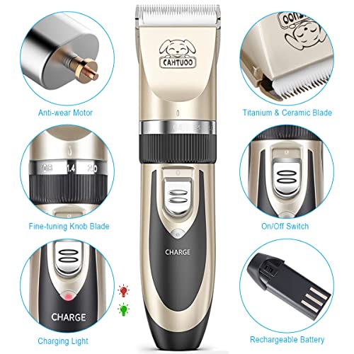 CAHTUOO Dog Grooming Clippers, Professional Pet Grooming Kit Rechargeable Pet Shaver Cordless Silent Dog Hair Trimmer with 4 Comb Attachments & Extra Tools for Dogs Cats and Pets (Upgrade Version)
