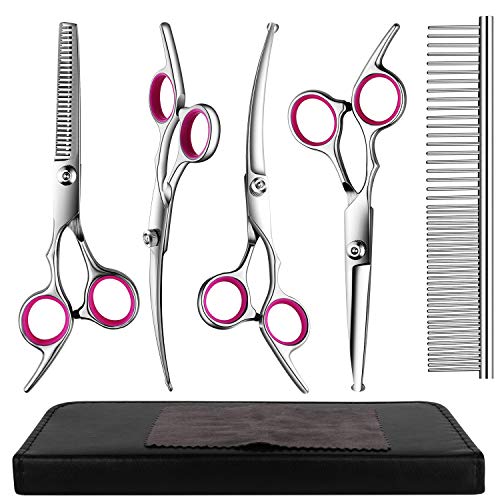 BRAINYS Professional Dog Grooming Scissors Kit, Japanese Craftsmanship Heavy Duty 6 in1 Set- Genuine Superior 4CR Stainless Steel with Safety Tips