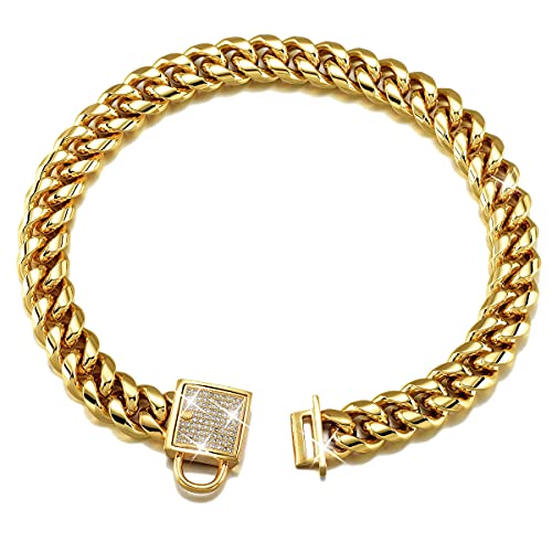Designer Dog Collar Gold Metal Stainless Steel with Zirconia Lock 14mm 18K Gold Big Dog Luxury Training Collar Cuban Lock Link Necklace Chain (20 inch)