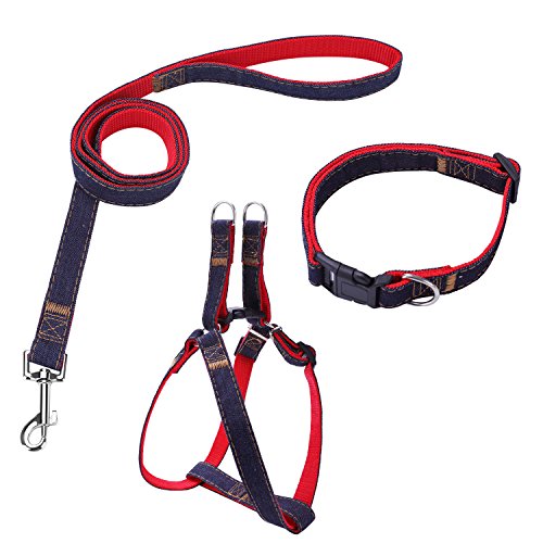 Bark Lover Dog Harness Leash and Collar Matching Sets for Small Puppy Medium Large Dogs Pets, Heavy Duty Nylon with Denim Design, Perfect Accessories for Walking Training Your Dog(S,Red)