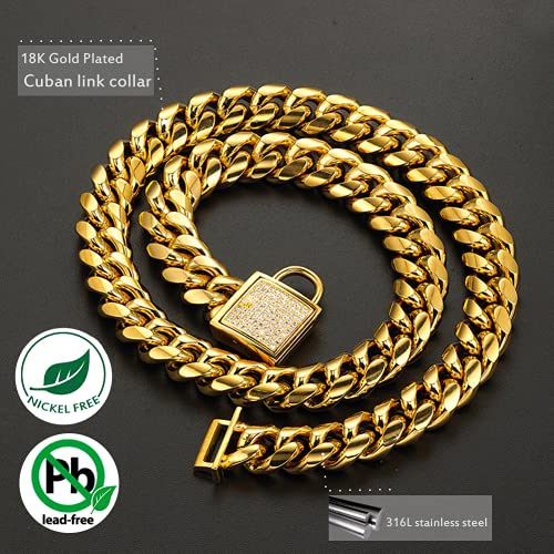 Designer Dog Collar Gold Metal Stainless Steel with Zirconia Lock 14mm 18K Gold Big Dog Luxury Training Collar Cuban Lock Link Necklace Chain (20 inch)