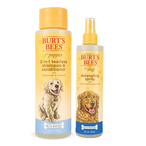 Burt's Bees for Pets Combo Pack: Tearless 2 in 1 Shampoo and Conditioner and Spray for Puppies with Buttermilk & Linseed Oil | Cruelty Free, Sulfate & Paraben Free, pH Balanced for Dogs (Bundle22)
