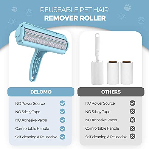 DELOMO Pet Hair Remover Roller - Dog & Cat Fur Remover with Self-Cleaning Base - Efficient Animal Hair Removal Tool - for Furniture, Couch, Carpet, Car Seat, Blue
