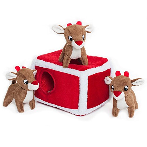 ZippyPaws - Holiday Burrow, Interactive Squeaky Hide and Seek Plush Dog Toy - Reindeer Pen