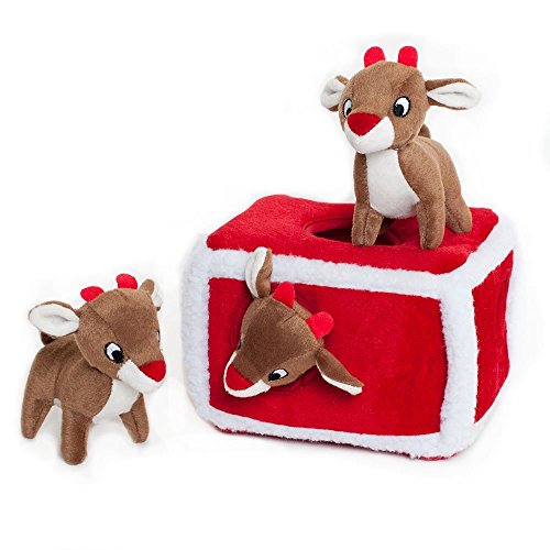 ZippyPaws - Holiday Burrow, Interactive Squeaky Hide and Seek Plush Dog Toy - Reindeer Pen