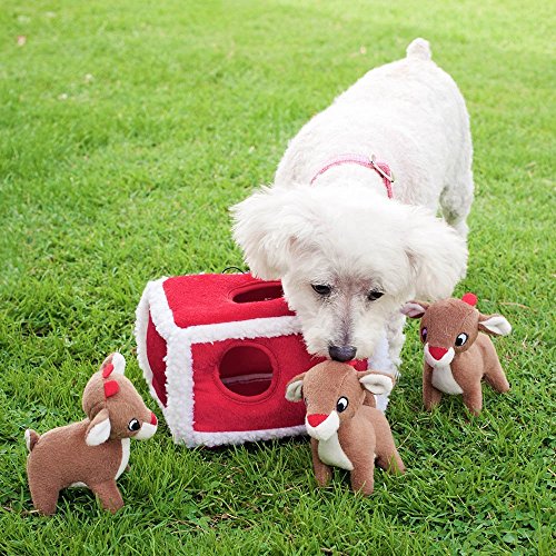 ZippyPaws - Holiday Burrow, Interactive Squeaky Hide and Seek Plush Dog Toy - Reindeer Pen