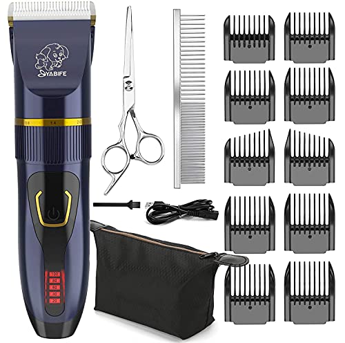 Yabife Dog Clippers, USB Rechargeable Cordless Dog Grooming Kit, Electric Pets Hair Trimmers Shaver Shears for Dogs, Cats, Horses, Pets, Quiet, Washable, with LED Display