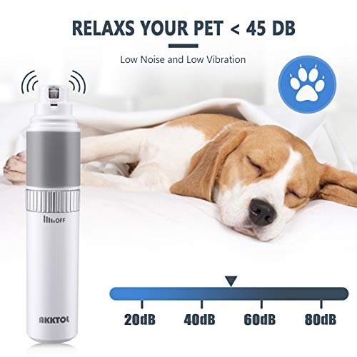 AKKTOL Dog Nail Grinder, Low Noise Dog Nail Trimmer Dog Nail File for Dog and Cat, 20H Working Time Rechargeable Painless Step-Less Speed Regulation Dog Nail Grinder