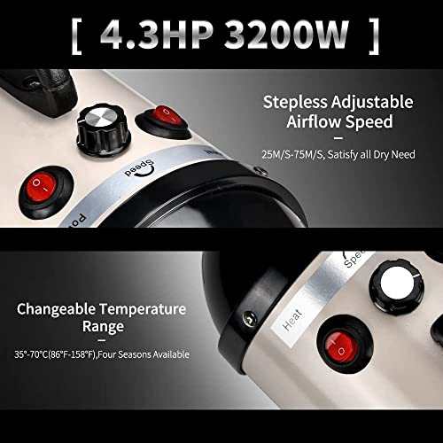 AIIYME Dog Dryer, 4.3HP/3200W Dog Hair Dryer Dog Pet Grooming Blow Dryer with Adjustable Airflow Speed and Temperature, 78 in Flexible Hose, 4 Nozzles, Pro High Velocity Dryer/Blower for Dogs