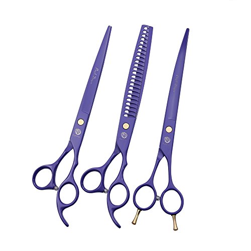 Purple Dragon 8.0 inch Professional Dog Grooming Hair Cutting Scissor &Curved Scissor&Chunker Shear Kit with Bag - for Pet Groomer or Family DIY Pet Use