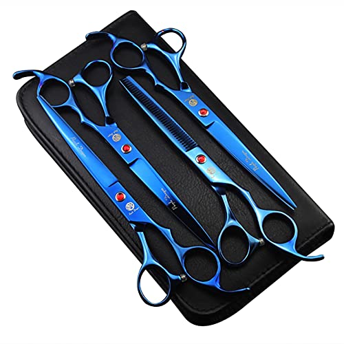 Purple Dragon Professional 7.0 inch 4PCS Pet Grooming Scissors Kit Japan Premium Steel Straight & Curved & Thinning Blade Dog Hair Cutting Shears Set with Case