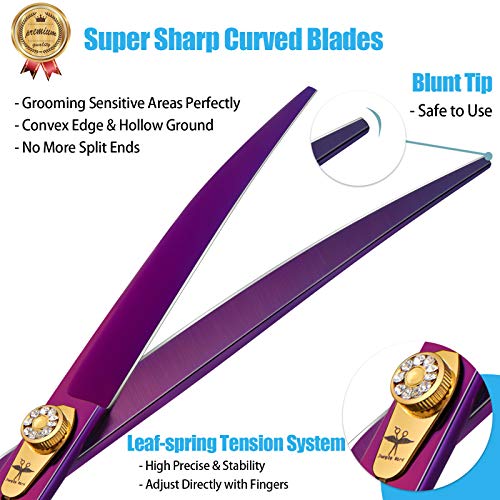 PURPLEBIRD 8 Inch Downward Curved Dog Grooming Scissors Professional Pet Cutting Shears Safety Noiseless Blunt Tip Trimming Shearing for Dogs Cats Japanese Stainless Steel Purple