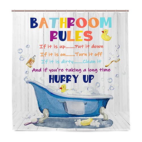 Bathroom Rules Kids Shower Curtain 72x72 Inches - Girls Boys Teen Funny Motivational Quotes Shower Curtains,Wooden Board Duck Bubble in Bathtub Fabric Bathroom Home Decor