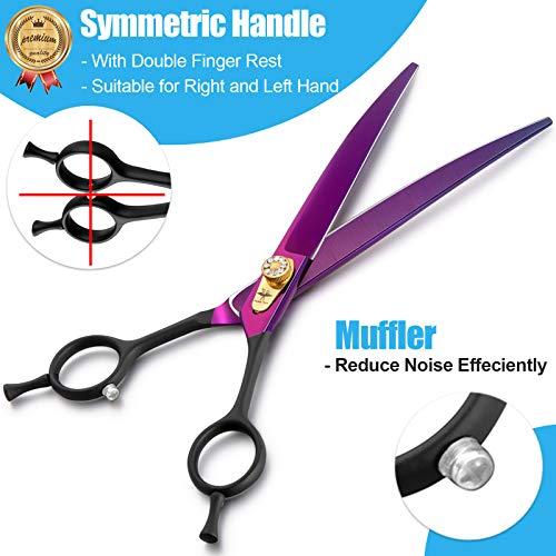 PURPLEBIRD 8 Inch Downward Curved Dog Grooming Scissors Professional Pet Cutting Shears Safety Noiseless Blunt Tip Trimming Shearing for Dogs Cats Japanese Stainless Steel Purple