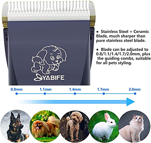 Yabife Dog Clippers, USB Rechargeable Cordless Dog Grooming Kit, Electric Pets Hair Trimmers Shaver Shears for Dogs, Cats, Horses, Pets, Quiet, Washable, with LED Display