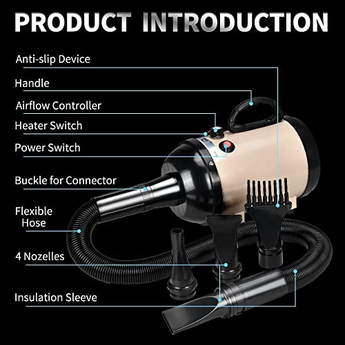 AIIYME Dog Dryer, 4.3HP/3200W Dog Hair Dryer Dog Pet Grooming Blow Dryer with Adjustable Airflow Speed and Temperature, 78 in Flexible Hose, 4 Nozzles, Pro High Velocity Dryer/Blower for Dogs