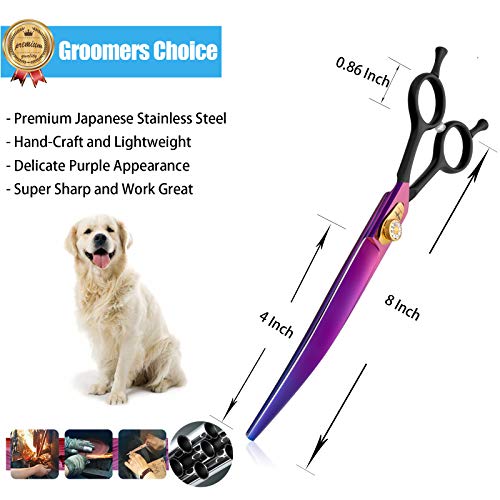 PURPLEBIRD 8 Inch Downward Curved Dog Grooming Scissors Professional Pet Cutting Shears Safety Noiseless Blunt Tip Trimming Shearing for Dogs Cats Japanese Stainless Steel Purple