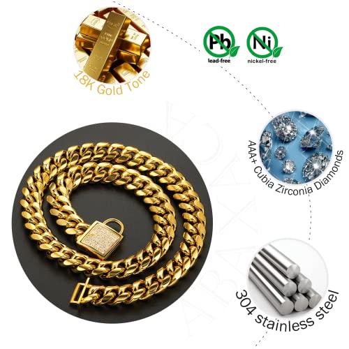 18K Gold Dog Collar XS Small Metal Stainless Steel 14mm Luxury Training Collar Cuban Link with Zirconia Lock Necklace Chain Locking Chew Proof Collar(10 inch)