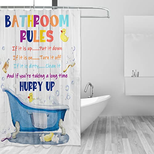 Bathroom Rules Kids Shower Curtain 72x72 Inches - Girls Boys Teen Funny Motivational Quotes Shower Curtains,Wooden Board Duck Bubble in Bathtub Fabric Bathroom Home Decor