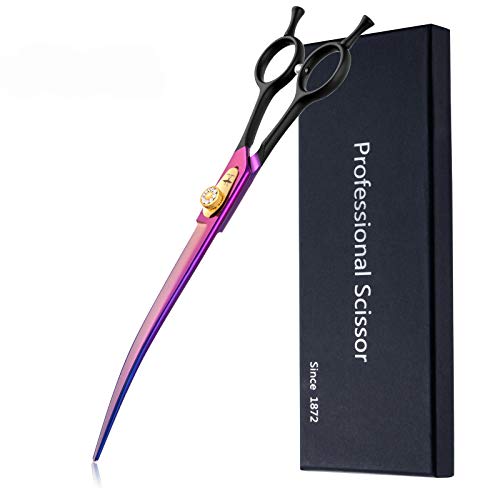 PURPLEBIRD 8 Inch Downward Curved Dog Grooming Scissors Professional Pet Cutting Shears Safety Noiseless Blunt Tip Trimming Shearing for Dogs Cats Japanese Stainless Steel Purple