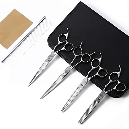 Professional Dog Grooming Scissors Set, 7 Inch/8 Inch Pet Grooming Scissors Chunkers Shears for Dog, Curved Dog Grooming Scissors, Thinning Shears for Dog with Grooming Comb
