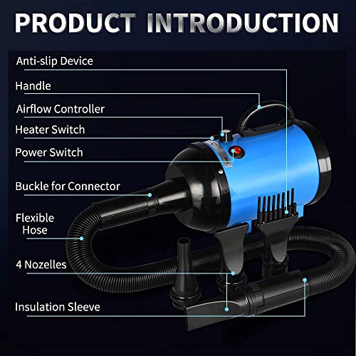AIIYME Dog Dryer, 4.3HP/3200W Dog Hair Dryer Dog Pet Grooming Blow Dryer with Adjustable Airflow Speed and Temperature, 78 in Flexible Hose, 4 Nozzles, Pro High Velocity Dryer/Blower for Dogs