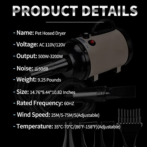 AIIYME Dog Dryer, 4.3HP/3200W Dog Hair Dryer Dog Pet Grooming Blow Dryer with Adjustable Airflow Speed and Temperature, 78 in Flexible Hose, 4 Nozzles, Pro High Velocity Dryer/Blower for Dogs