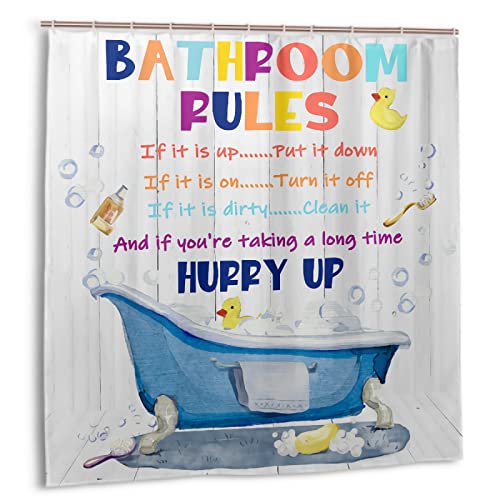 Bathroom Rules Kids Shower Curtain 72x72 Inches - Girls Boys Teen Funny Motivational Quotes Shower Curtains,Wooden Board Duck Bubble in Bathtub Fabric Bathroom Home Decor