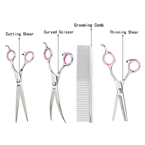GEMEK Pet Cat Dog Grooming Scissors Set 4 Pieces Stainless Steel Professional Pet Trimmer Kit - 7.5 inch Straight Cutting Scissors, Thinning Shears, Curved Scissors, Grooming Combs