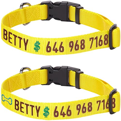 Blueberry Pet Essentials Personalized Dog Collar, Blazing Yellow, Small, Adjustable Customized ID Collars for Small Dogs Embroidered with Pet Name & Phone Number