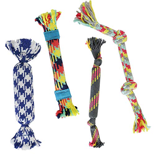 rocket & rex Dog Rope Toys | Puppy Rope Toy and Rope Toys for Small Dogs | 4 Piece Rope Toy Set with Rubber and Crackle for Added Chewing Fun | for Small Breeds and Puppies