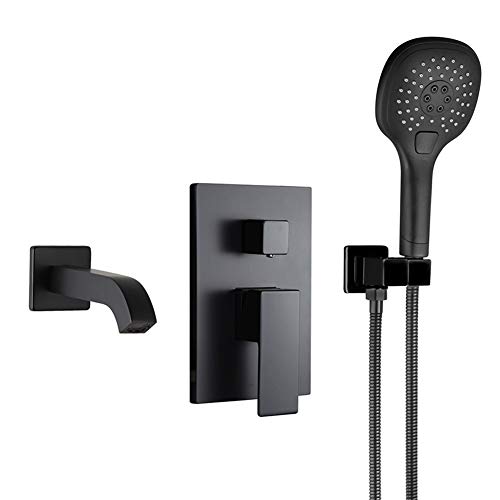 POP Matte Black Wall Mounted Tub Faucet with Hand Shower, Bathroom Wall Mount Tub Filler Spout Single Handle Solid Brass Bathtub Faucet with Handheld Shower for Bath