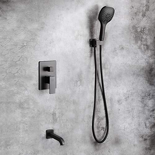 POP Matte Black Wall Mounted Tub Faucet with Hand Shower, Bathroom Wall Mount Tub Filler Spout Single Handle Solid Brass Bathtub Faucet with Handheld Shower for Bath